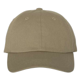 The S&S Activewear Adult Low-Profile Cotton Twill Dad Cap features a plain khaki design with a curved brim and ventilation eyelets, shown against a white background.