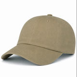 The S&S Activewear Adult Low-Profile Cotton Twill Dad Cap features a curved brim and ventilation eyelets, shown in khaki against a white background.
