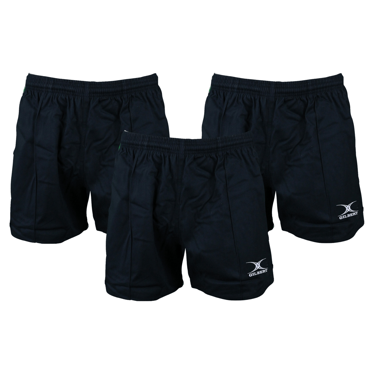 The Gilbert Kiwi Pro Short 3-Pack Bundle by Bundle Gilbert includes three pairs of black athletic shorts with elastic waistbands, reinforced side pockets, and a white logo on the lower right side.