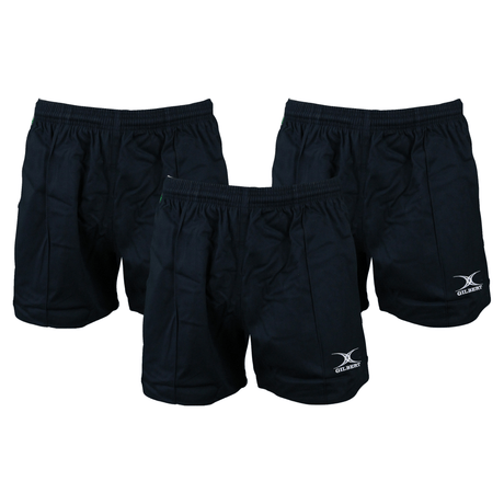 The Gilbert Kiwi Pro Short 3-Pack Bundle features three black rugby shorts with elastic waistbands and white Gilbert logos on the lower left legs, ideal cotton athletic shorts for any sport.