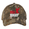The USA Rugby Throwback Licensed Camo Cap - Realtree Xtra by EMB S&S Activewear features "USA RUGBY" text and a red eagle graphic, perfect for any fan of USA Rugby caps.