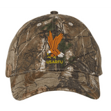 The USA Rugby Heritage Licensed Camo Cap - Realtree Xtra by EMB S&S Activewear features an embroidered eagle and yellow "USARFU" text—ideal for any USA Rugby cap collector.