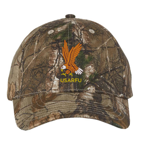 The USA Rugby Heritage Licensed Camo Cap - Realtree Xtra by EMB S&S Activewear features an embroidered eagle and yellow "USARFU" text—ideal for any USA Rugby cap collector.