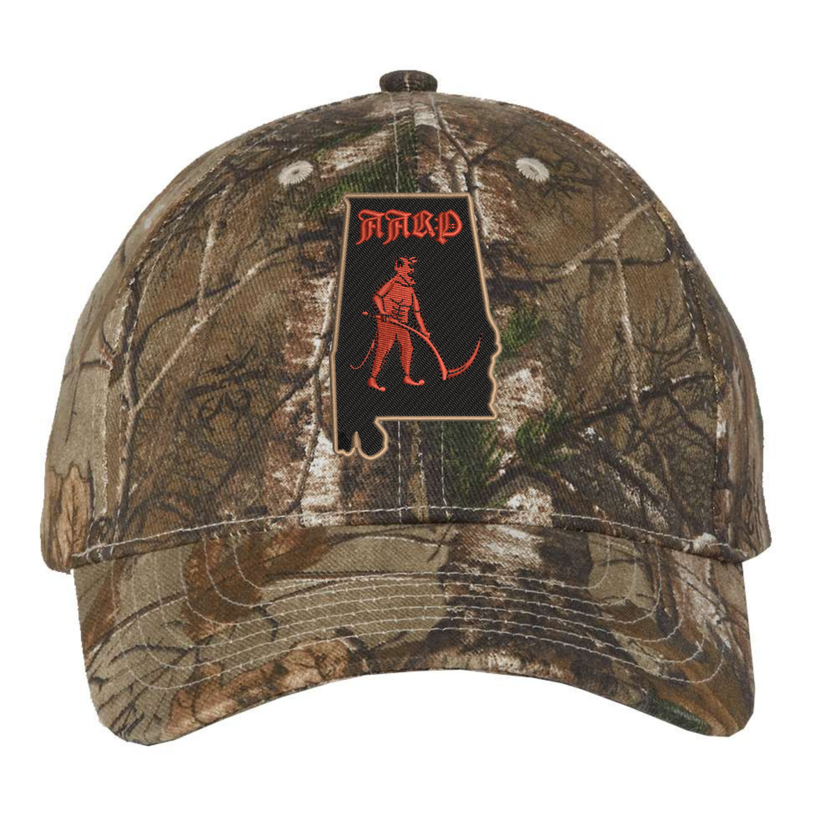 Aging Alabama Rugby Players Realtree Camo Cap featuring a patch of the state of Alabama containing a grim reaper illustration and the text “HARD.”.