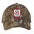 Legion Academy Realtree Camo Cap in a brown and green camouflage pattern, featuring a shield-shaped logo that reads “LEGION” and “ACADEMY” with the letters “SD” in the center.