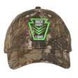 Rock Rugby Realtree Camo Cap in a woodland print with an adjustable strap and a green and white “ROCK RUGBY LIONS” shield logo on the front.