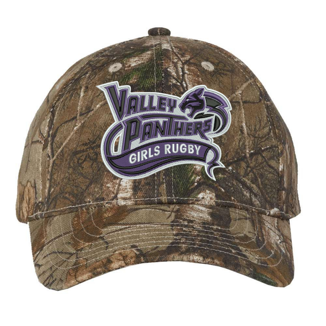 The Valley Panthers Girls Rugby Realtree Camo Cap by EMB S&S Activewear features a “Valley Panthers Girls Rugby” logo and a purple panther graphic on the front. This adjustable hat is crafted with Realtree Xtra camo for both style and comfort.