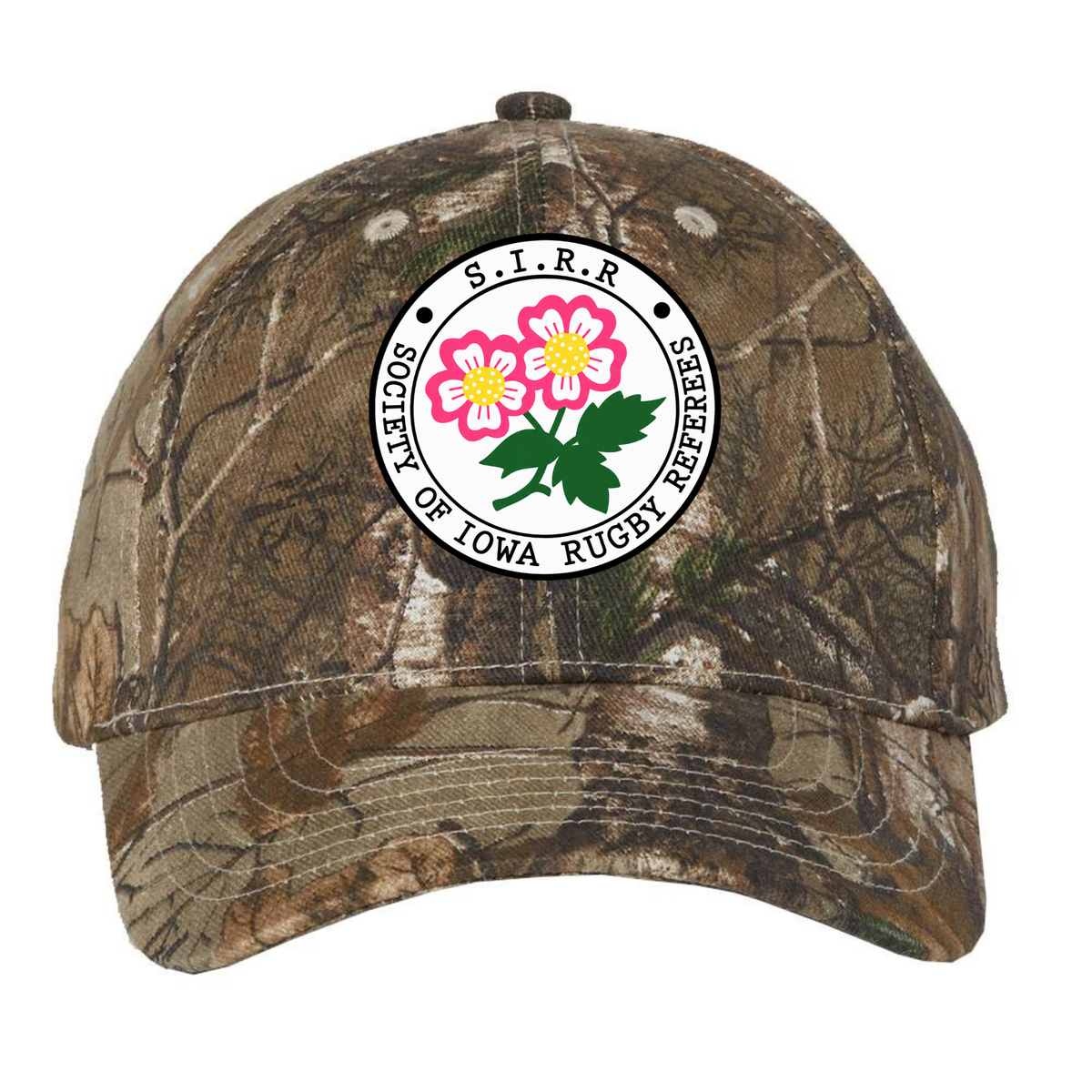 The Society of Iowa Rugby Referees Realtree Camo Cap by EMB S&S Activewear features the S.I.R.R. logo and pink and yellow flowers on the front. This adjustable hat showcases a Realtree Xtra camo design for enhanced style and comfort.