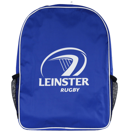 The Leinster 24/25 Backpack5 by Castore features a blue design with "Leinster Rugby" and a white logo on the front, black side mesh pockets, and is part of the official 24/25 range.