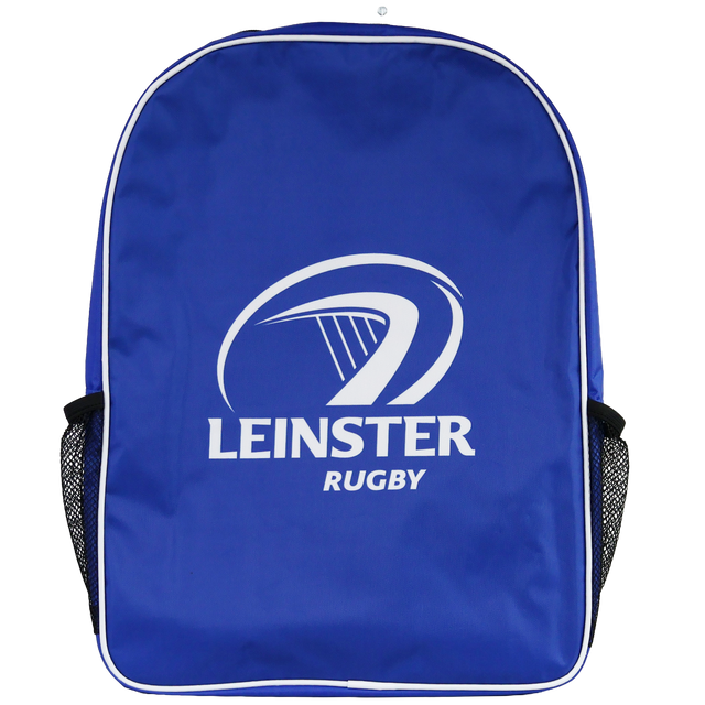 Leinster Backpack 24/25 by Castore, with the "Leinster Rugby" 24/25 logo on the front and black mesh side pockets.