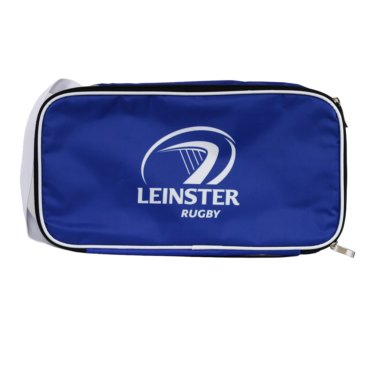 The Leinster Boot Bag By Castore 24/25 features a blue rectangular design, zippered closure, white strap, and Leinster Rugby logo—ideal for storing your boots in style.