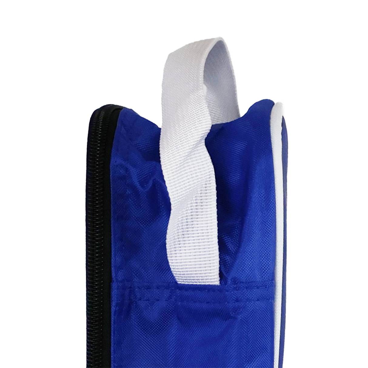 A close-up of the Leinster Boot Bag By Castore 24/25, featuring a blue design, white loop handle, and black zipper on the left side.