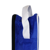 A close-up of the Leinster Boot Bag By Castore 24/25, featuring a blue design, white loop handle, and black zipper on the left side.