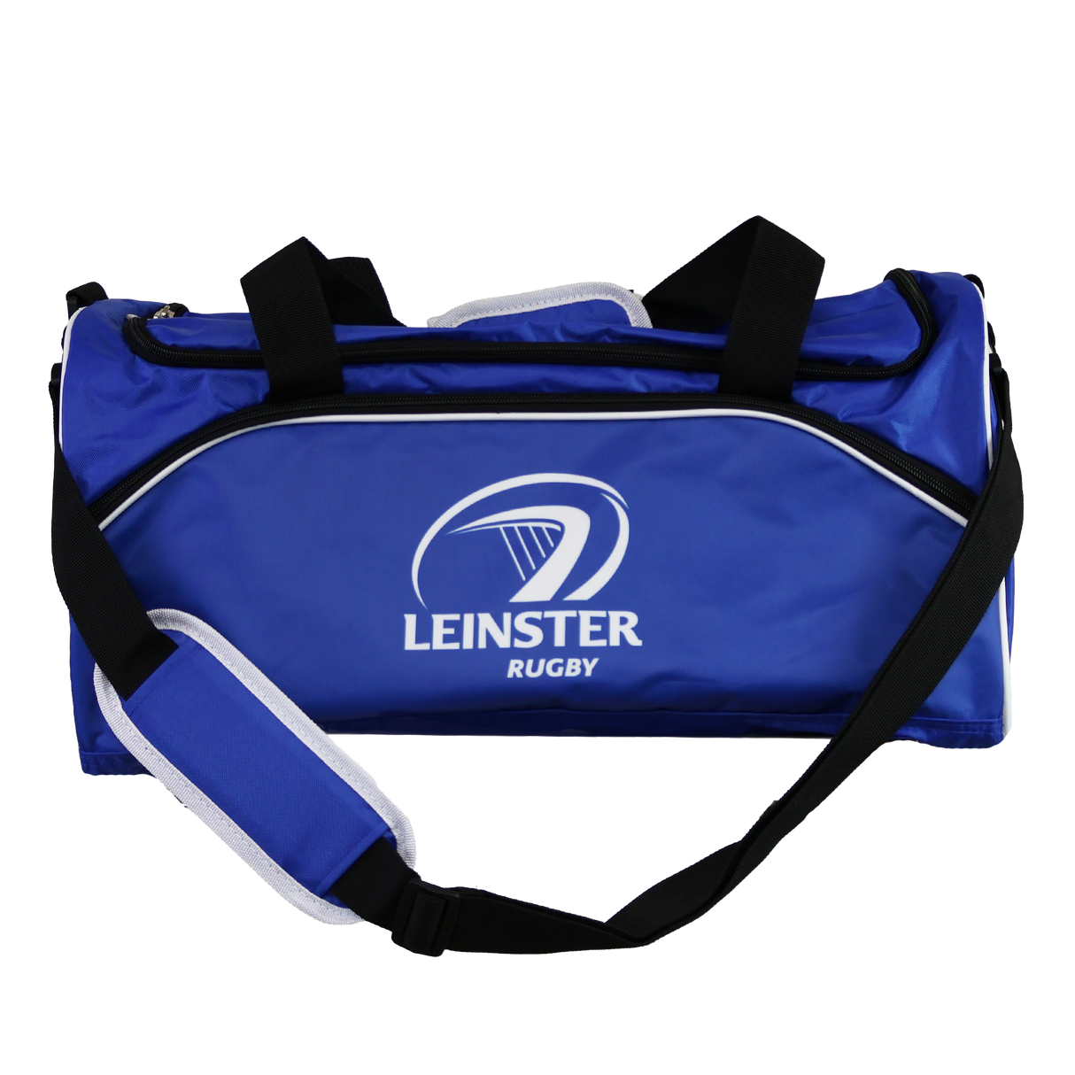 The Leinster Duffle Bag/Holdall 24/25 by Castore features black straps and a white "Leinster Rugby" logo on the front—perfect for fans as an everyday, versatile Castore holdall.