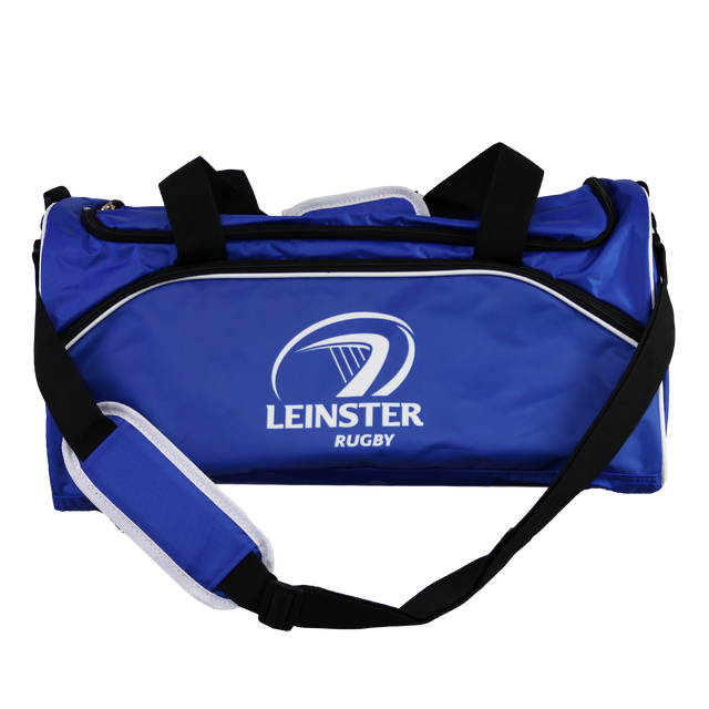 The Leinster Duffle Bag/Holdall 24/25 by Castore features black straps and a white "Leinster Rugby" logo on the front—perfect for fans as an everyday, versatile Castore holdall.