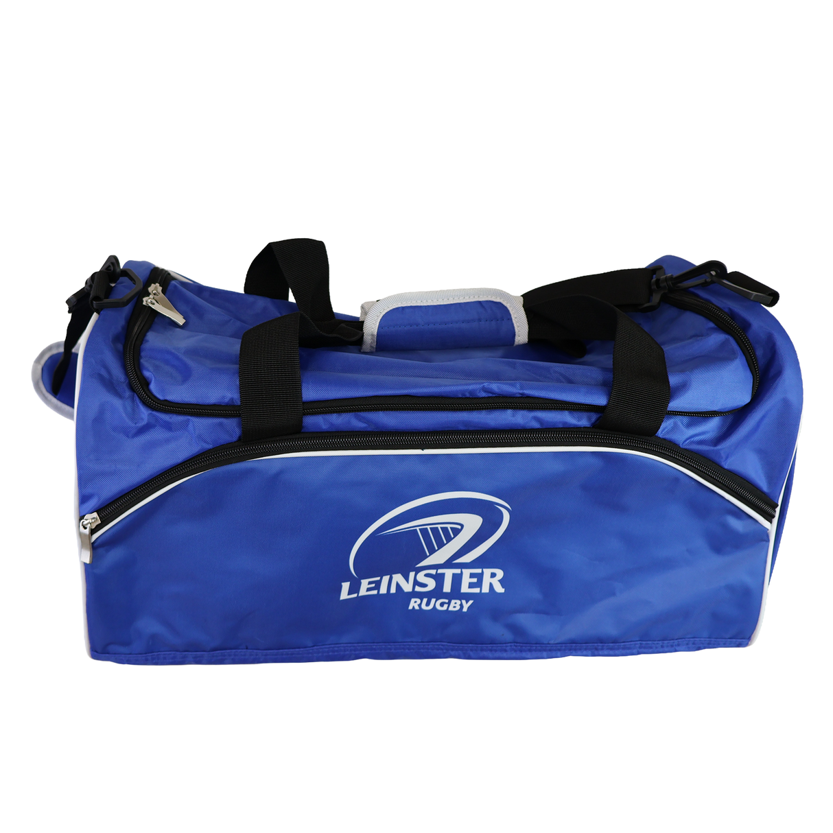The Leinster Duffle Bag/Holdall 24/25 by Castore features black straps and a white "Leinster Rugby" logo on the front pocket, making it an ideal holdall for sports or travel.
