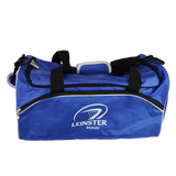 The Leinster Duffle Bag/Holdall 24/25 by Castore features black straps and a white "Leinster Rugby" logo on the front pocket, making it an ideal holdall for sports or travel.