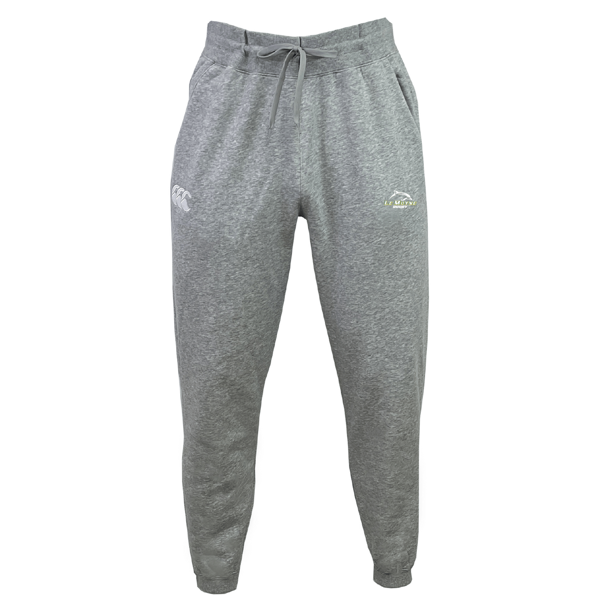The Le Moyne College Leisure Sweatpant by EMB Canterbury features gray jogger pants made from soft organic cotton with an elastic waistband and a drawstring. These sustainable sweatpants boast two logos on the upper thighs, blending comfort with style.