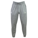 The Le Moyne College Leisure Sweatpant by EMB Canterbury features gray jogger pants made from soft organic cotton with an elastic waistband and a drawstring. These sustainable sweatpants boast two logos on the upper thighs, blending comfort with style.