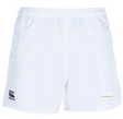 The Le Moyne College Player's Drill Short by EMB Canterbury features white recycled fabric with the iconic Canterbury logo and a small "Le Munster" dolphin emblem.