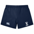 The Loyola Rugby Women's Yokohama Short by EMB Canterbury features navy blue fabric with the "Canterbury" logo on the left and "Loyola Rugby" text accompanied by a lion logo on the right, making it ideal for women's rugby attire.