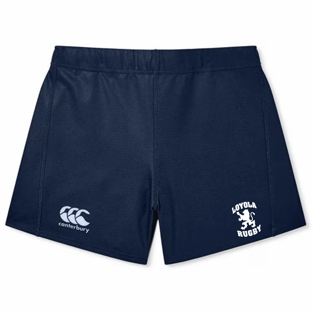 The Loyola Rugby Women's Yokohama Short by EMB Canterbury features navy blue fabric with the "Canterbury" logo on the left and "Loyola Rugby" text accompanied by a lion logo on the right, making it ideal for women's rugby attire.