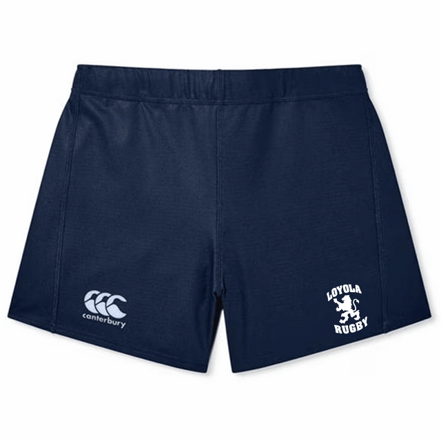 The Loyola Rugby Women's Yokohama Short by EMB Canterbury features navy blue fabric with the "Canterbury" logo on the left and "Loyola Rugby" text accompanied by a lion logo on the right, making it ideal for women's rugby attire.