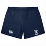 The Loyola Rugby Women's Yokohama Short by EMB Canterbury features navy blue fabric with the "Canterbury" logo on the left and "Loyola Rugby" text accompanied by a lion logo on the right, making it ideal for women's rugby attire.