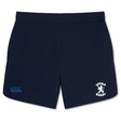 The Loyola Rugby Elite Woven Short by EMB Canterbury in navy blue showcases a "Loyola Rugby" logo on the right leg and a Canterbury logo on the left, ideal for rugby matches and gym workouts.
