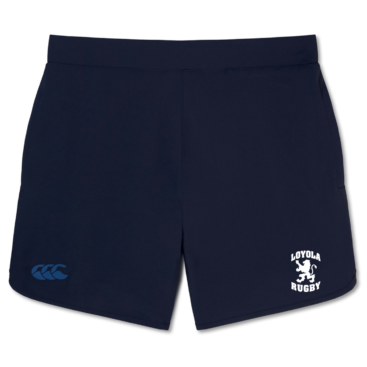 The Loyola Rugby Elite Woven Short by EMB Canterbury in navy blue showcases a "Loyola Rugby" logo on the right leg and a Canterbury logo on the left, ideal for rugby matches and gym workouts.
