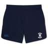 The Loyola Rugby Elite Woven Short by EMB Canterbury in navy blue showcases a "Loyola Rugby" logo on the right leg and a Canterbury logo on the left, ideal for rugby matches and gym workouts.