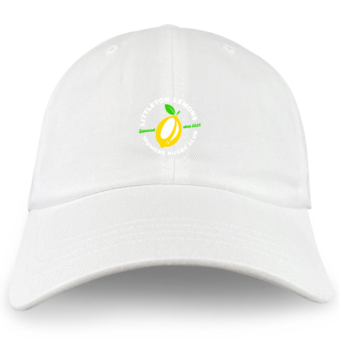 The Littleton Women Rugby Club Adult Low-Profile Cotton Twill Dad Cap by EMB S&S Activewear is a white hat featuring a small lemon graphic and green "Littleton Lemonade Summer Festival 2024" text on the front.