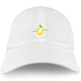 The Littleton Women Rugby Club Adult Low-Profile Cotton Twill Dad Cap by EMB S&S Activewear is a white hat featuring a small lemon graphic and green "Littleton Lemonade Summer Festival 2024" text on the front.