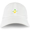The Littleton Women Rugby Club Adult Low-Profile Cotton Twill Dad Cap by EMB S&S Activewear is a white hat featuring a small lemon graphic and green "Littleton Lemonade Summer Festival 2024" text on the front.