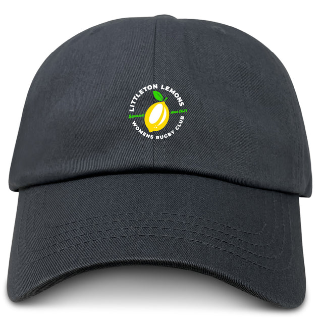 The EMB S&S Activewear Littleton Women Rugby Club Adult Low-Profile Cotton Twill Dad Cap features an embroidered team logo—a lemon and rugby ball—on the front.