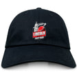 The EMB S&S Activewear Lincoln City Youth Rugby Adult Low-Profile Cotton Twill Dad Cap features a black design with a red rugby ball, white dome building, and bold embroidered team logo in red and white.