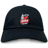 The EMB S&S Activewear Lincoln City Youth Rugby Adult Low-Profile Cotton Twill Dad Cap features a black design with a red rugby ball, white dome building, and bold embroidered team logo in red and white.