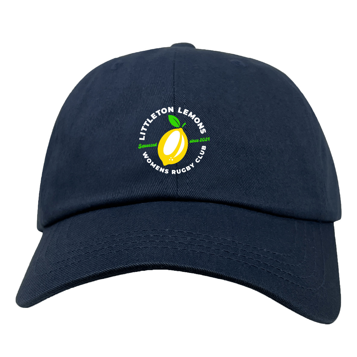 Show your team pride with the EMB S&S Activewear Littleton Women Rugby Club Adult Low-Profile Cotton Twill Dad Cap, featuring embroidered "Littleton Lemons Women's Rugby Club" circling a lemon graphic.