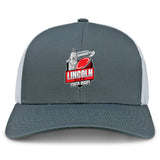 The Lincoln City Youth Rugby Retro Trucker Cap by EMB S&S Activewear features gray and white panels, a bold embroidered front with red rugby ball and building, plus an adjustable snapback closure for a custom fit.