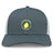 The EMB S&S Activewear Littleton Women Rugby Club Retro Trucker Cap features a gray/white design, embroidered club logo with lemon and rugby balls, breathable mesh back, and adjustable snapback closure.