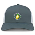 The EMB S&S Activewear Littleton Women Rugby Club Retro Trucker Cap features a gray/white design, embroidered club logo with lemon and rugby balls, breathable mesh back, and adjustable snapback closure.