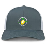 The EMB S&S Activewear Littleton Women Rugby Club Retro Trucker Cap features a gray/white design, embroidered club logo with lemon and rugby balls, breathable mesh back, and adjustable snapback closure.