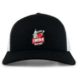 The Lincoln City Youth Rugby Retro Trucker Cap by EMB S&S Activewear features an embroidered logo with a red rugby ball and capitol building on the front, plus a black and white design and adjustable snapback closure.