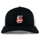 The Lincoln City Youth Rugby Retro Trucker Cap by EMB S&S Activewear features an embroidered logo with a red rugby ball and capitol building on the front, plus a black and white design and adjustable snapback closure.