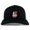 The Lincoln City Youth Rugby Retro Trucker Cap by EMB S&S Activewear features an embroidered logo with a red rugby ball and capitol building on the front, plus a black and white design and adjustable snapback closure.