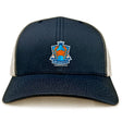 The Land Crabs RFC Retro Trucker Cap by EMB S&S Activewear features a navy and white design, embroidered crab logo, "LAND CRABS R.F.C. TOCA-ATCHA IN ARENA" text on front, and an adjustable snapback closure.
