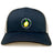 The EMB S&S Activewear Littleton Women Rugby Club Retro Trucker Cap features a navy and white design, an embroidered yellow lemon logo on the front, and a snapback closure for adjustable comfort.