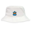The Land Crabs RFC Crusher Bucket Cap by EMB S&S Activewear is made from cotton twill and features a vibrant front crest logo with a crab and anchor, providing both style and sun protection.
