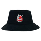 The Lincoln City Youth Rugby Crusher Bucket Cap by EMB S&S Activewear features a rugby ball and domed building logo on black cotton twill, making it the perfect sporty sun protection hat.