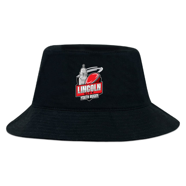 The Lincoln City Youth Rugby Crusher Bucket Cap by EMB S&S Activewear features a rugby ball and domed building logo on black cotton twill, making it the perfect sporty sun protection hat.